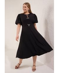 WOVCOR - Crew Neck Bow Detail Puff Sleeve Midi Dress - Lyst