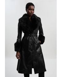 Karen Millen - Shearling Cuff And Collar Leather Coat - Lyst