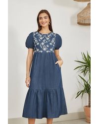 Yumi' - Chambray Denim Midi Dress W/ Embroidery & Puff Sleeves - Lyst