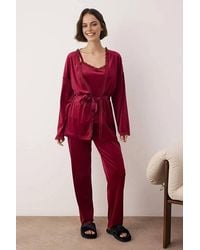 WOVCOR - Lace Trim Velvet Cami Belted Robe & Trouser 3-Piece Pyjama Set - Lyst