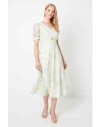 Oasis - Green Floral Lace Insert Organza Puff Sleeve Midi Dress - Lyst