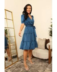 Double Second - Satin Puff Sleeve Tiered Wrap Dress - Lyst