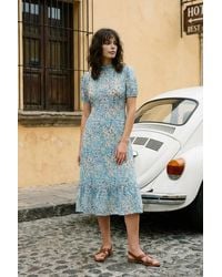 WOVCOR - Floral Puff Sleeve Ruffle Hem Midi Dress - Lyst