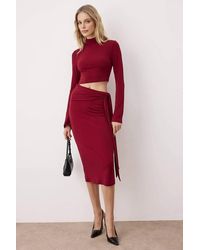 WOVCOR - High Neck Long Sleeve Cut Out Detail Midi Knit Dress - Lyst