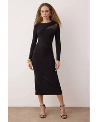 WOVCOR - Knitted Long Sleeve Midi Dress W/ Sheer Panel Detail - Lyst
