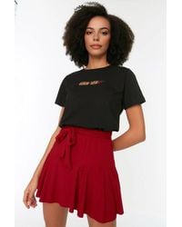WOVCOR - Tie Waist Flared Mini Skater Skirt W/ Ruffled Hem Detail - Lyst
