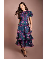 Coast - Lace Trim Tiered Puff Sleeve Printed Midi Dress - Lyst