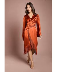 Coast - Satin Fringe Hem Wrap Waist Midi Dress - Lyst