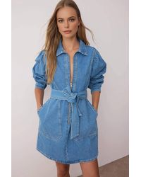 WOVCOR - Belted Mini Denim Dress W/ Zip Front & Pocket Detail - Lyst