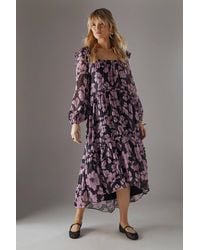 Warehouse - Shadow Stripe Ruffle Square Neck Smock Midi Dress - Lyst