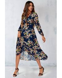 FS Collection - Floral Print Lace Trim Deep V Neck Long Sleeve Midi Dress - Lyst