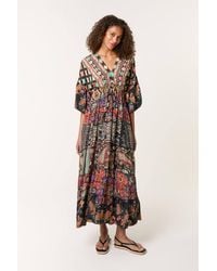 Blue Vanilla - Shirred Waist Multi Three Quarter Sleeve V-Neck Maxi Dress - Lyst
