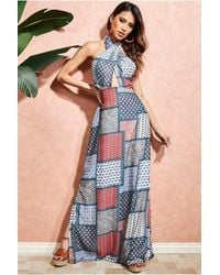 Goddiva - Halter Neck Printed Maxi Dress - Lyst