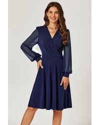 FS Collection - V Neck Midi Dress W/ Sheer Long Sleeve - Lyst