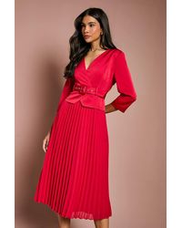 Coast - Satin Bodice ¾ Sleeve Pleat Skirt Belted Midi Wedding Guest Dress - Lyst