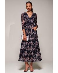 Jolie Moi - Three Quarter Sleeve Printed Lace Maxi Dress - Lyst