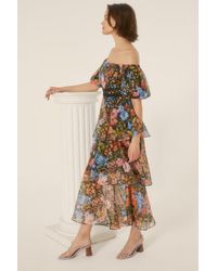 Oasis - Floral Bardot Organza Tiered Midi Dress - Lyst