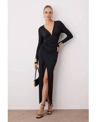 WOVCOR - Fitted V-Neck Maxi Evening Dress W/ Side Slit - Lyst