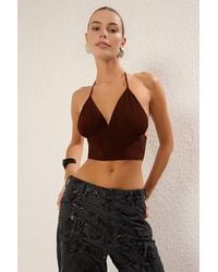 WOVCOR - Halterneck Plunge Ruched Bustier Crop Top - Lyst