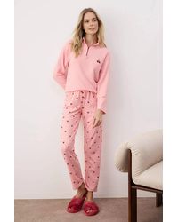 WOVCOR - Cherry Embroidered Zip Neck Long Sleeve Waffle Knit Pyjama Set - Lyst