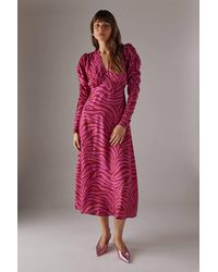 Warehouse - Zebra Print Viscose V Neck Long Puff Sleeve Midi Dress - Lyst