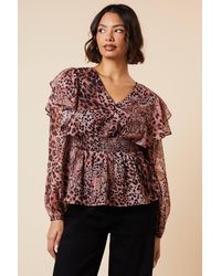 Dorothy Perkins - Animal Shirred Waist Button Front Chiffon Long Sleeve Blouse - Lyst