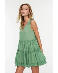 WOVCOR - Cotton Tiered Mini Dress W/ Tie Shoulder Detail - Lyst