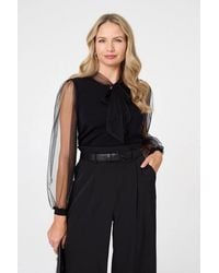 Izabel London - Semi Sheer Sleeve Tie Neck Knit Top - Lyst