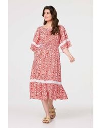 Izabel London - Printed Relaxed Lace Trim Midi Dress - Lyst