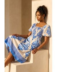 Roman - Abstract Print Shirred Midi Dress - Lyst