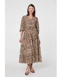 Izabel London - Animal Print 3/4 Puff Sleeve Midi Dress - Lyst