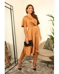 Double Second - A-Line Satin Wrap Dress W/ Tea Sleeves - Lyst