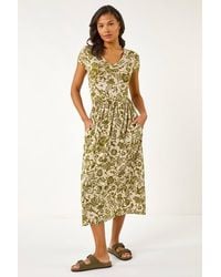 Roman - Floral Print Ruched Stretch Midi Dress - Lyst