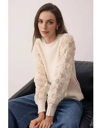 WOVCOR - Knitted Crew-Neck Sweater W/ Sheer Tulle Floral Sleeves - Lyst