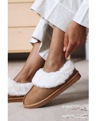 Where's That From - 'Qelora' Faux Suede Mule Slippers W/ Faux Fur Collar Trim - Lyst