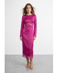 Warehouse - Fluted Sleeve Satin Lace Insert Midi Dress - Lyst