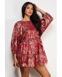 Warehouse - Metallic Jacquard Volume Sleeve Mini Dress - Lyst