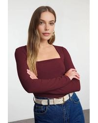WOVCOR - Square Neck Draped Detailed Fitted Knit Blouse - Lyst