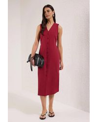 WOVCOR - Belted Linen Blend V Neck Midi Shirt Dress - Lyst