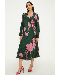 Oasis - Large Floral Satin Wrap Midi Dress - Lyst