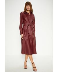 Oasis - Faux Leather Pleat Detail Belted Midi Dress - Lyst