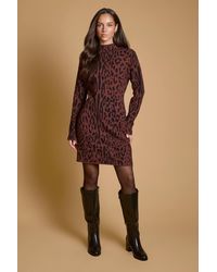 Oasis - Leopard Print High Neck Knitted Mini Dress - Lyst