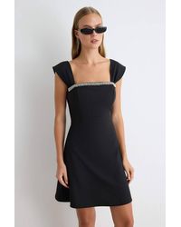 WOVCOR - Square Neck Stone Embellished Short Sleeve A-Line Mini Dress - Lyst