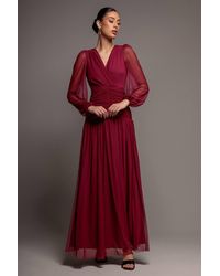 Goddiva - Gathered Long Balloon Sleeve A Line Mesh Maxi Dress - Lyst