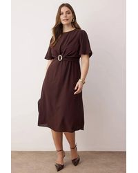 WOVCOR - Crew Neck Belt Detail Midi Dress W/ Short Sleeves - Lyst
