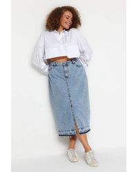 WOVCOR - High Waist Denim Midi Skirt W/ Front Slit & Slim Fit - Lyst
