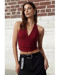 WOVCOR - Halter Neck Ruched Crop Top W/ Deep V Neck - Lyst