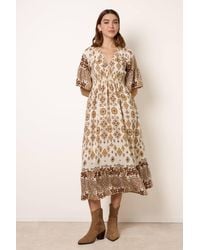 Blue Vanilla - Shirred Waist Three Quarter Sleeve V-Neck Maxi Dress - Lyst