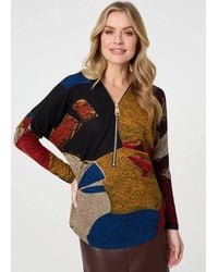 Izabel London - Abstract Zip V-Neck Long Sleeve Relaxed Top - Lyst