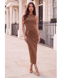 AX Paris - Mocha Hardware Detail Draped Midi Dress - Lyst